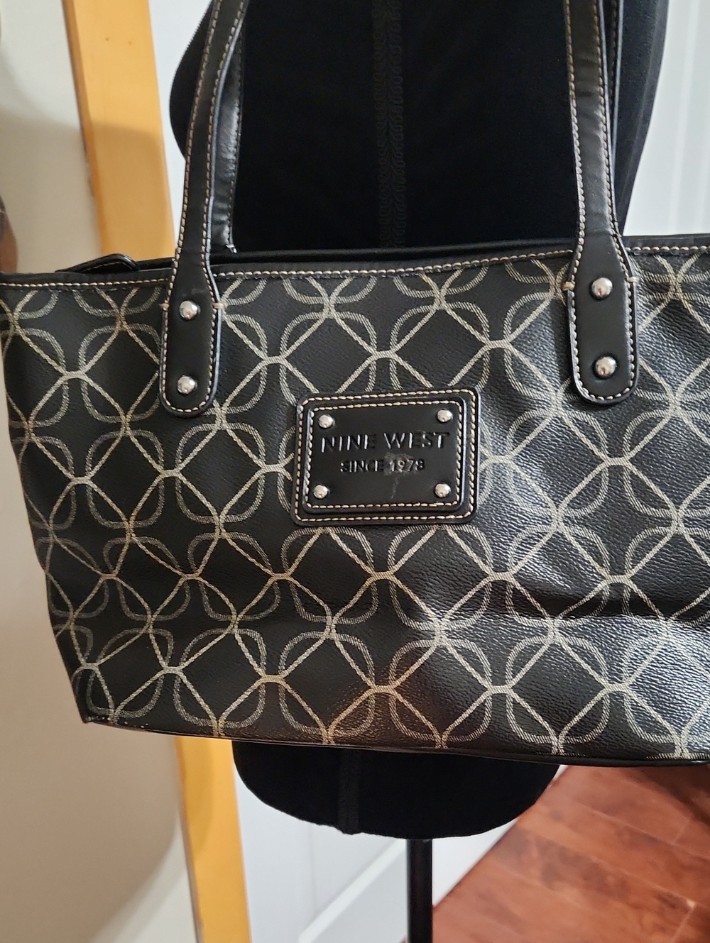 Nine West Black Tote with Cream Geometric Stitching